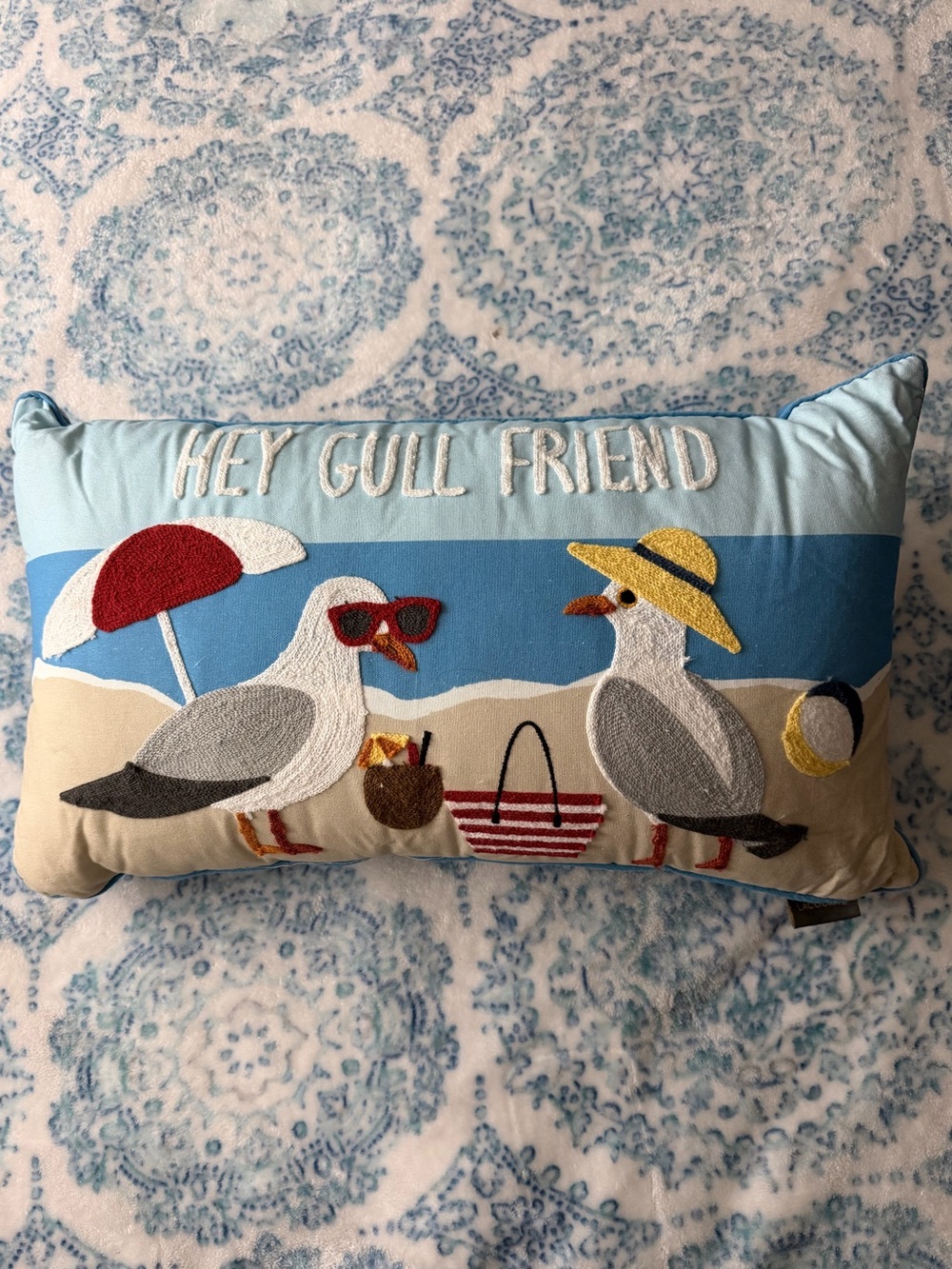 “Hey Gull Friend” Seagull Beach Accent Pillow in Light Blue